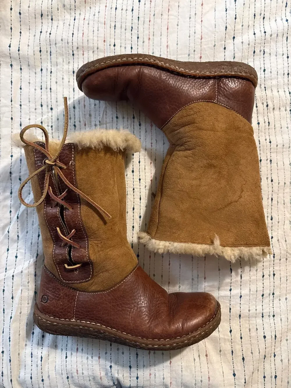 Born Womens Yuma Boots Size 9 Brown Leather Suede Tie Winter Shearling Apres Ski